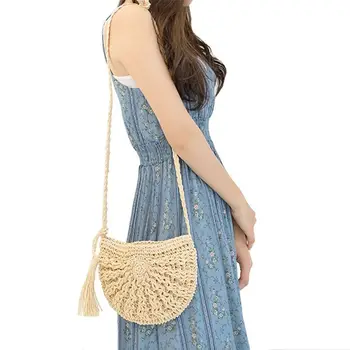 Соломенная сумка через плечо, женская плетеная сумка через плечо, круглая летняя пляжная сумочка и дамские сумочки