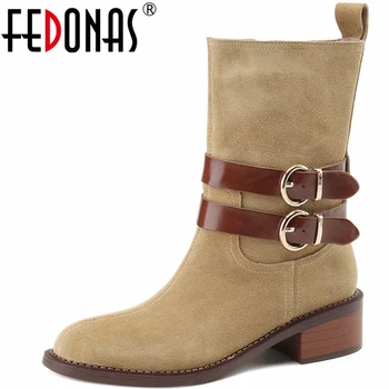 FEDONAS, женские короткие сапоги в стиле ретро, осень-зима, Женская обувь на низком каблуке из натуральной кожи, пряжка для ремня, Офисные женские рабочие короткие сапоги