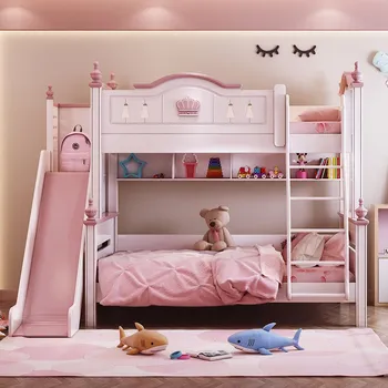 детская кровать, современная розовая кровать принцессы, детские двухъярусные кровати, двуспальная мебель для спальни для девочек, Деревянная мебель в американском стиле