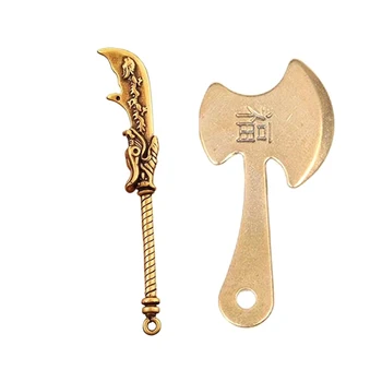 Мини-латунный нож Гуань Гун с длинным лезвием, Подвеска-топор, Брелок для ключей, украшение для дома, Миниатюрная скульптура