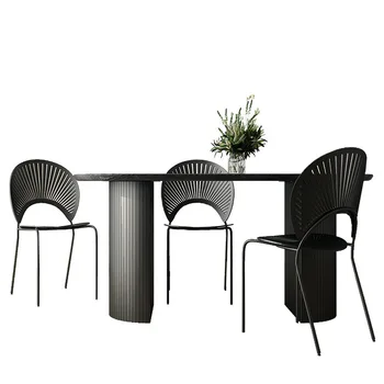Сочетание обеденного стола и стула из массива черного дерева во французском ретро-стиле, Мраморный Обеденный стол, Овальный Средний Островной стол
