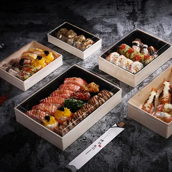 Одноразовый деревянный ланч-бокс, японский футляр для суши, Упаковка для салата, Контейнер для еды, Сашими Темпура, Складные Деревянные коробки, Инструменты для упаковки