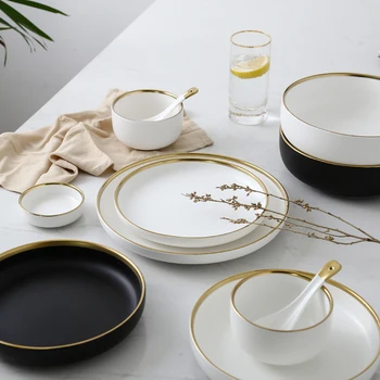 Белый и черный Круглый Набор керамических тарелок с золотым штрихом, Фарфоровая Посуда для стейка, Миска для рисового супа, Ложка, Блюдо для украшения дома