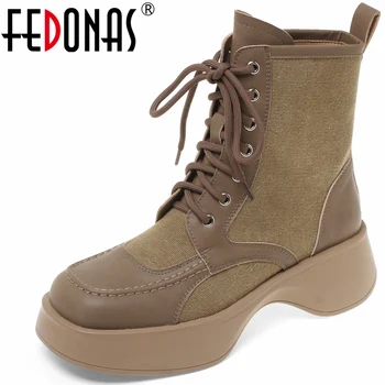 FEDONAS/ Популярные женские ботильоны с перекрестной шнуровкой, осенне-зимняя обувь на платформе из натуральной кожи, женская повседневная обувь для отдыха на открытом воздухе