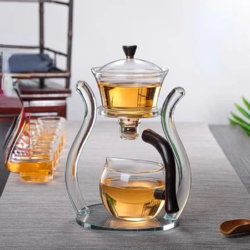 Стеклянный автоматический ленивый чайный сервиз, набор чайников из хрустального стекла, Нагреватель, Магнитная вращающаяся крышка, Термостойкий чайник Кунг-фу, 6 чашек