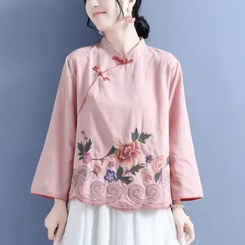 Вышитый в китайском стиле хлопчатобумажный льняной топ Hanfu для женщин 2023, летняя женская свободная повседневная блузка с девятиточечным рукавом в стиле ретро с пряжкой