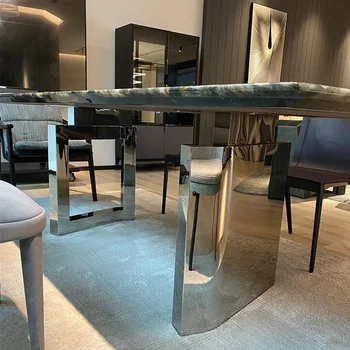 Голубой изумруд роскошный камень натуральный мрамор прямоугольный обеденный стол простой сланец гостиничный клубный стол и стулья