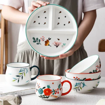 Набор посуды Nordic, керамические миски и тарелки, бытовые обеденные тарелки из красной сетки, чашки с ручками, для обедов на одну персону,