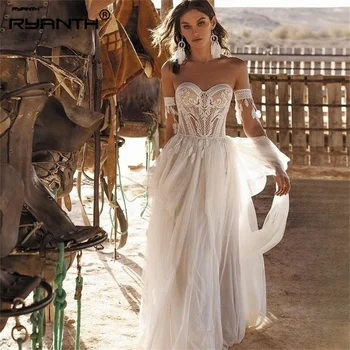 Очаровательное богемное свадебное платье с милой кружевной аппликацией трапециевидной формы, богемное свадебное платье с открытыми плечами