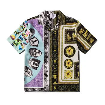 Модные Гавайские пляжные рубашки в стиле пэчворк с коротким рукавом, оверсайз, летняя Новинка, мужская рубашка в полоску с принтом в винтажном этническом стиле