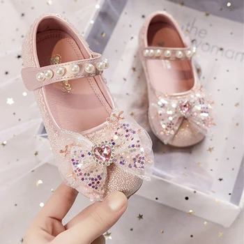 Осенняя кожаная обувь для девочек, модная блестящая обувь Mary Jane для малышей, тонкие туфли с блестками и бантом, детское платье принцессы на плоской подошве