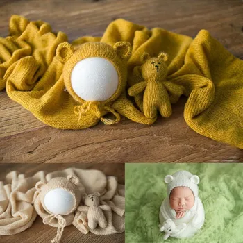 Реквизит для детской фотосъемки Шерстяное вязаное одеяло Шапочка и кукла Аксессуары для студии фотосессии новорожденных