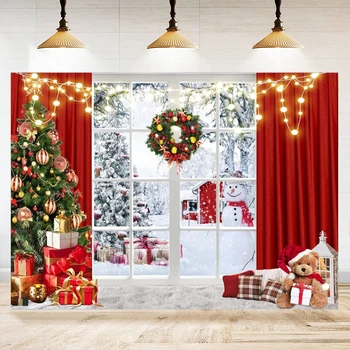 Фон для фотосъемки Плакат с зимним окном, украшение Рождественской вечеринки, Реквизит для Рождественской Фотобудки, Фоновый баннер