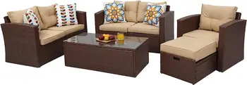 Наборы уличной мебели для патио из 7 предметов, беседки для патио, коричневый плетеный ротанговый секционный диван