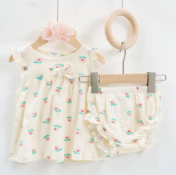 3 шт./компл., одежда для новорожденных девочек, Модное платье для малышей + брюки + Повязка на голову с цветочным рисунком, Шорты для младенцев, Мягкие хлопковые наряды