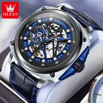 Оригинальные механические наручные часы OLEVS со скелетом Double Star для мужчин, роскошный кожаный ремешок от ведущего бренда, автоматические мужские часы