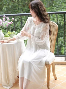 Женская французская винтажная пижама принцессы, ночная рубашка, женская демисезонная сетка с длинным рукавом, модальные сказочные ночные рубашки в викторианском стиле, пижамы