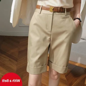 2023 Женские летние шорты с высокой талией, прямые брюки длиной до колен с поясом, офисные, цвета хаки, Белые, черные, повседневные Короткие брюки, женские фасоны