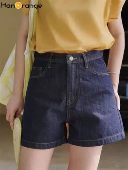 HanOrange 2023 Летние винтажные джинсовые шорты с широкими штанинами, женские свободные повседневные шорты трапециевидной формы с высокой талией, женские темно-синие