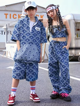 Уличная одежда для девочек, современный танцевальный костюм Kpop, Модная джинсовая одежда в клетку, одежда в стиле хип-хоп для детей, наряд для джазовых выступлений Для мальчиков