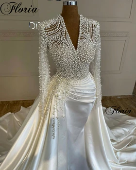 Свадебные платья с жемчугом с длинными рукавами, Элегантные свадебные платья с V-образным вырезом 