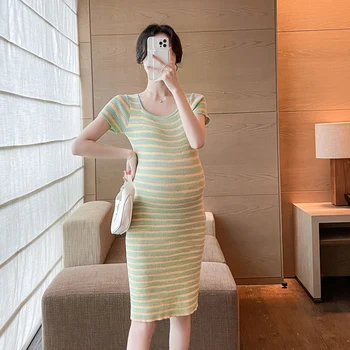 L46477 # Платье для беременных Женское платье в Корейском стиле в полоску, тонкая одежда для беременных, вязаное платье для беременных