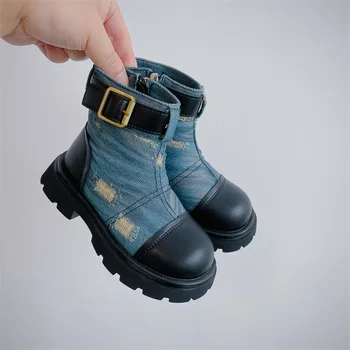 2023 Осенняя Новая Детская обувь с высоким берцем Для мальчиков И девочек; Модные ботинки в Британском стиле Для Маленьких Детей; Джинсовая Синяя Повседневная обувь