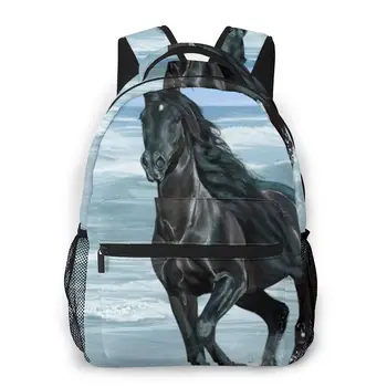 Детские рюкзаки Школьная сумка для мальчиков Черная лошадь, бегущая по пляжу Школьная сумка Студенческие сумки для книг