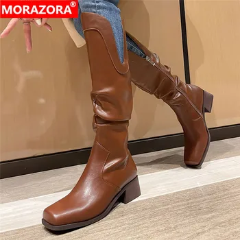 MORAZORA 2023 Новые Модные Женские Плиссированные сапоги с квадратным носком Сапоги до колена из натуральной кожи на молнии Обувь на квадратном среднем каблуке