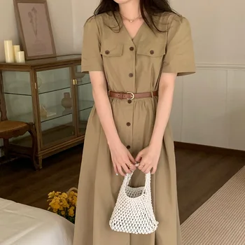 Корейские модные однобортные платья с V-образным вырезом, женское повседневное простое платье с поясом, Женское Винтажное офисное платье Vestido Feminino