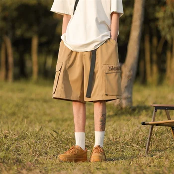 Летние мужские мешковатые шорты с вышивкой буквами, японские повседневные короткие брюки-карго с карманами, модные прямые шорты Homme