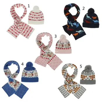 Вязаные шапки для девочек и комплект мягких шарфов, ветрозащитные шапки унисекс, свободные шапки с мультяшными животными для холодной погоды