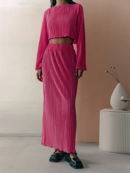 Женский комплект из Плиссированной юбки Макси Y2K с рубашкой с длинным рукавом и Укороченным топом - Эластичная Длинная юбка с высокой талией Plisse, 2 предмета в тон