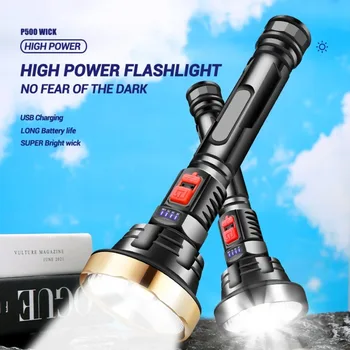 Большой яркий светодиодный фонарик USB Перезаряжаемый Тактический Охотничий фонарь для кемпинга Встроенный аккумулятор Индикатор вспышки Индикатор питания