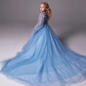 Блестящие синие платья в цветочек для девочек 2023 г., детское свадебное платье из тюля с пайетками и шлейфом, роскошные длинные платья принцессы для девочек