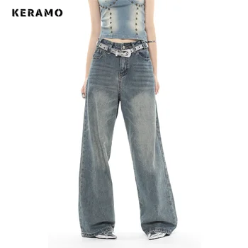 Y2K Harajuku Широкие брюки с высокой талией, джинсовые брюки полной длины, весна-лето, 2023, женские винтажные синие джинсовые брюки High Street, весна-лето