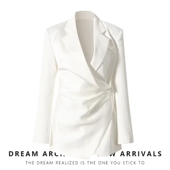 2023 Весенний новый женский тонкий белый блейзер с боковой застежкой на одну пуговицу, плиссированный твист, длинный костюм, пальто, верхняя одежда