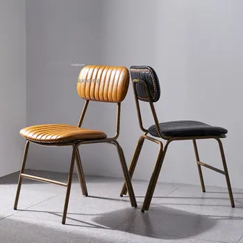 Обеденные стулья из кованого железа в стиле ретро для кухонной мебели, обеденный стул для совещаний в индустриальном стиле, Американское кожаное кресло со спинкой