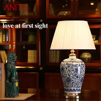 ANITA Современная керамика, Настольные лампы со светодиодной подсветкой, китайский Синий и белый Фарфор, Настольная лампа для дома, гостиной, спальни