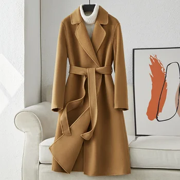 Женское двустороннее кашемировое пальто средней длины Camel 2023, Новое шерстяное пальто Hepburn 100 с воротником от костюма