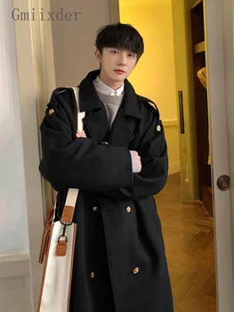 Мужской тренч, зимняя уличная одежда, утепленная Винтажная ветровка в корейском стиле Унисекс, Элегантная двубортная черная шерстяная куртка