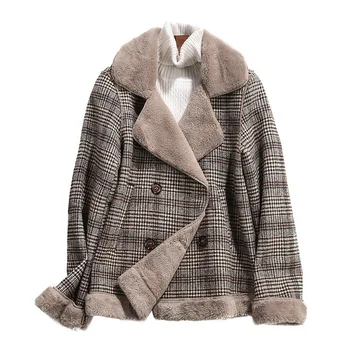 Женское шерстяное пальто, Новая осенне-зимняя куртка из овечьей шерсти, женское пальто в клетку с мехом, Короткая шерстяная верхняя одежда с бархатной подкладкой