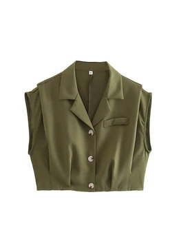 YENKYE/ Новый модный женский укороченный жилет на пуговицах армейского зеленого цвета с винтажными карманами без рукавов, Элегантная Женская верхняя одежда, шикарный жилет