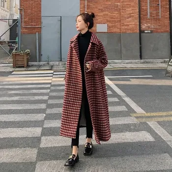 Осенне-зимнее шерстяное пальто в клетку, женское Корейское модное Двубортное повседневное шерстяное пальто с длинной талией, женское свободное пальто H3307