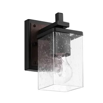 Матово-черный напольный светильник с вставками из темного искусственного дерева и абажуром из стекла, 51675
