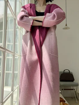 Женское двустороннее бархатное пальто с градиентом 2023 года из высококачественной кроличьей шерсти и шелка тутового цвета с капюшоном и галстуком средней длины