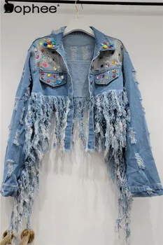 Джинсовая куртка с уличными бриллиантами и кисточками, Женское Индивидуальное Короткое джинсовое пальто в стиле Y2k Casaco Feminino 2023, Новая осенняя одежда