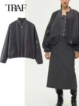 TRAF Женские куртки-бомберы 2023, осень-зима, Женская укороченная куртка на молнии, пальто для женщин, уличная одежда с длинным рукавом, пальто