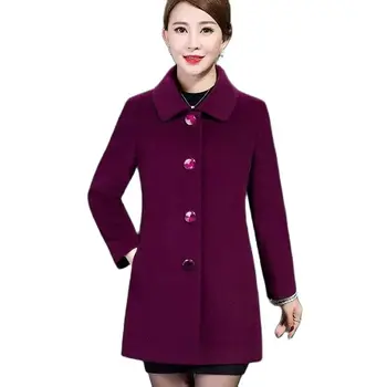 Мамино пальто 2023 Осенняя Верхняя одежда Большого Размера Для Женщин Среднего Возраста, Шерстяная куртка На подкладке Средней длины, Однобортное Шерстяное пальто