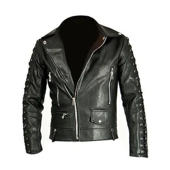 Черная мужская байкерская куртка из натуральной кожи с рукавами на шнуровке сбоку, Черная мотоциклетная куртка